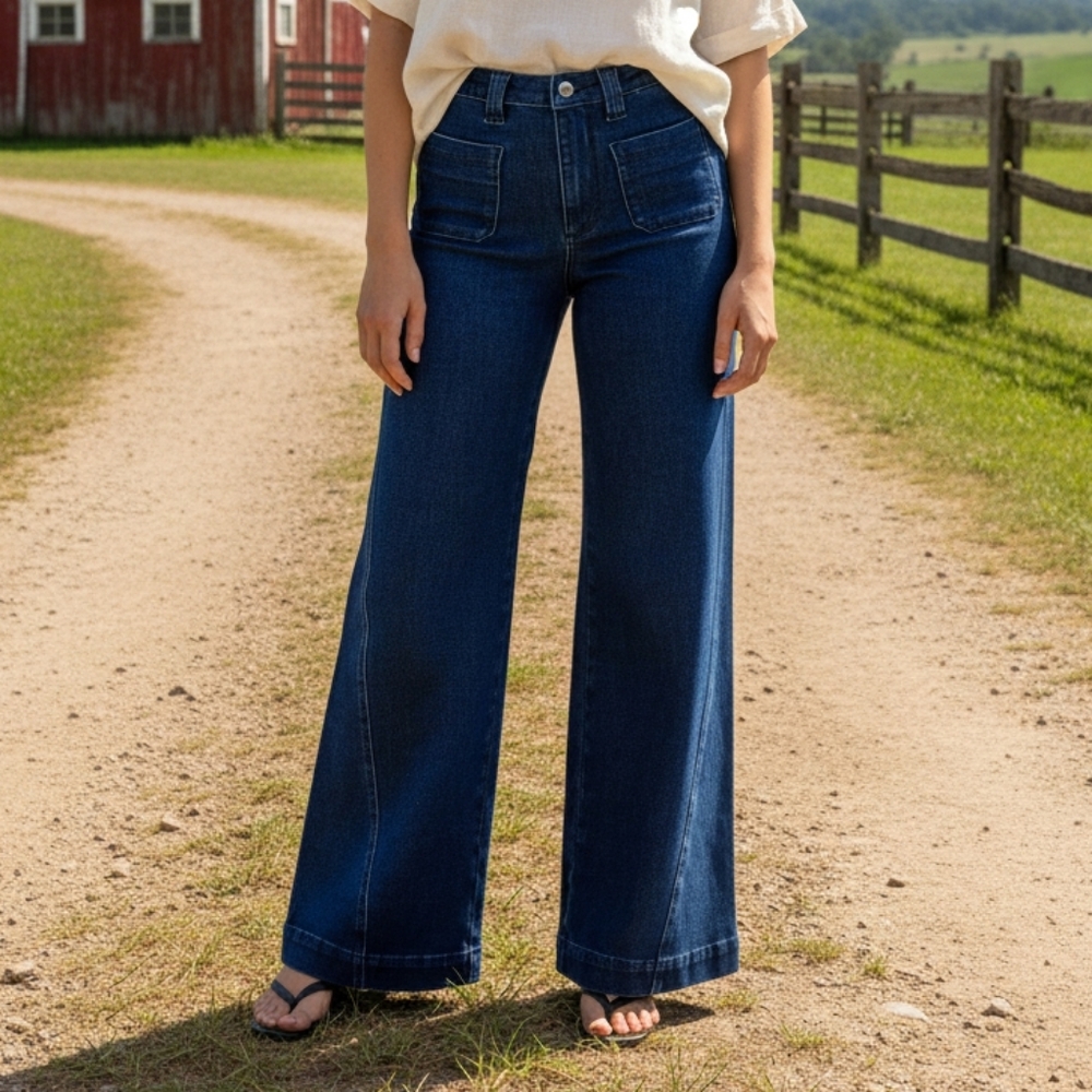 Judy Blue High-Rise Ultra Wide Leg Jeans 70s Retro Denim Patch Pocket Bent Seam